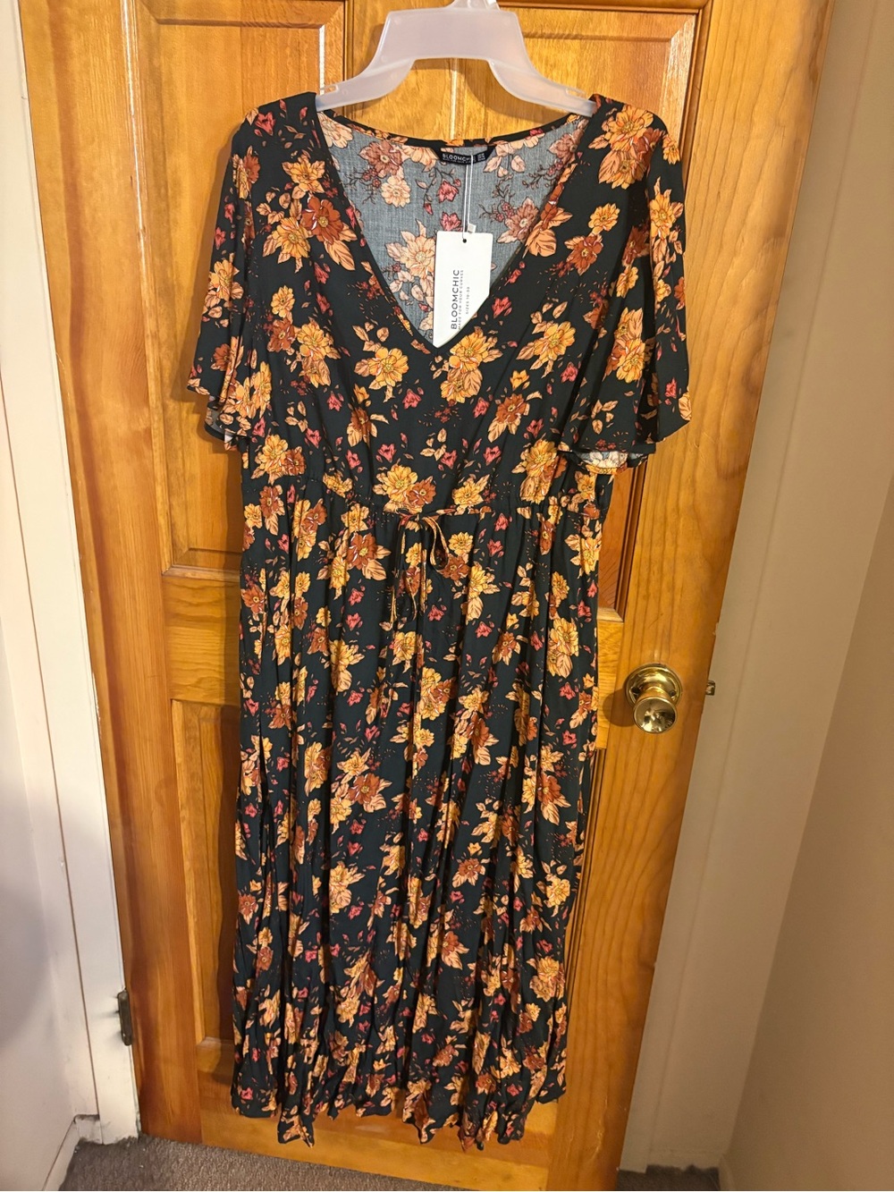Bloomchic Boho Floral V-Neck Maxi Dress - Black with Mustard Floral NWT
